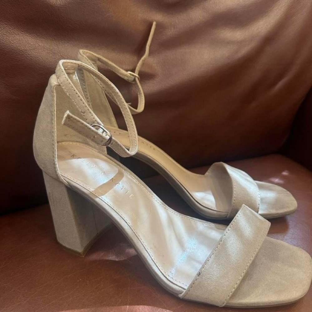 Kelly & Katie Womens Beige Faux Suede Block Heel Ankle Strap Sandals